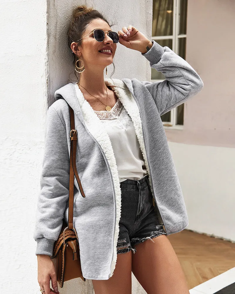 Women Double-Faced Fluffy Loose Hooded Coat