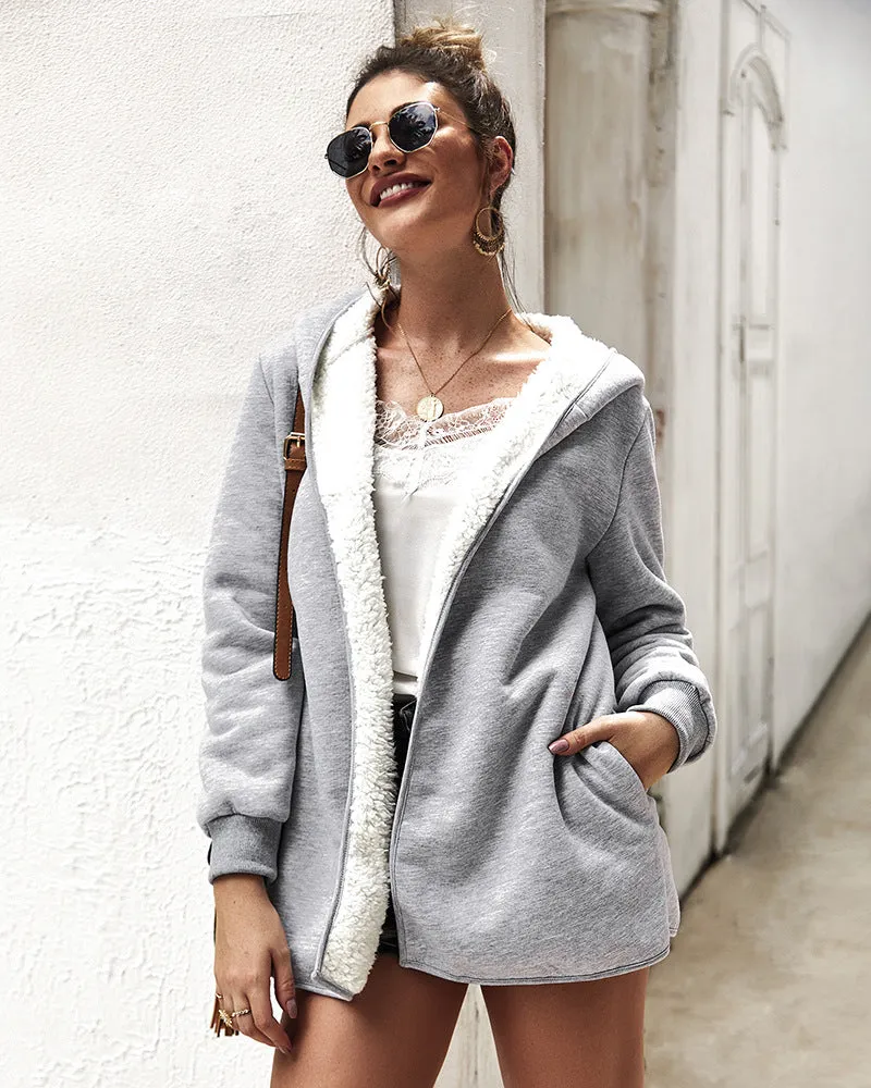 Women Double-Faced Fluffy Loose Hooded Coat