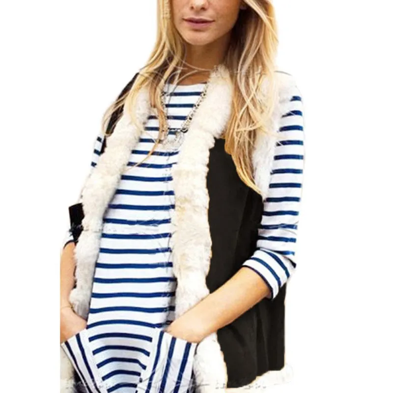 Women Flocking Faux Fur Sleeveless Vest Jacket Feminino Leather Patchwork Warm Waistcoat Colete Coats Outwear NW