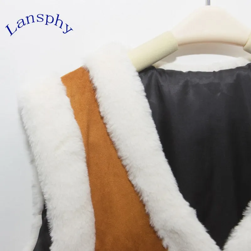 Women Flocking Faux Fur Sleeveless Vest Jacket Feminino Leather Patchwork Warm Waistcoat Colete Coats Outwear NW