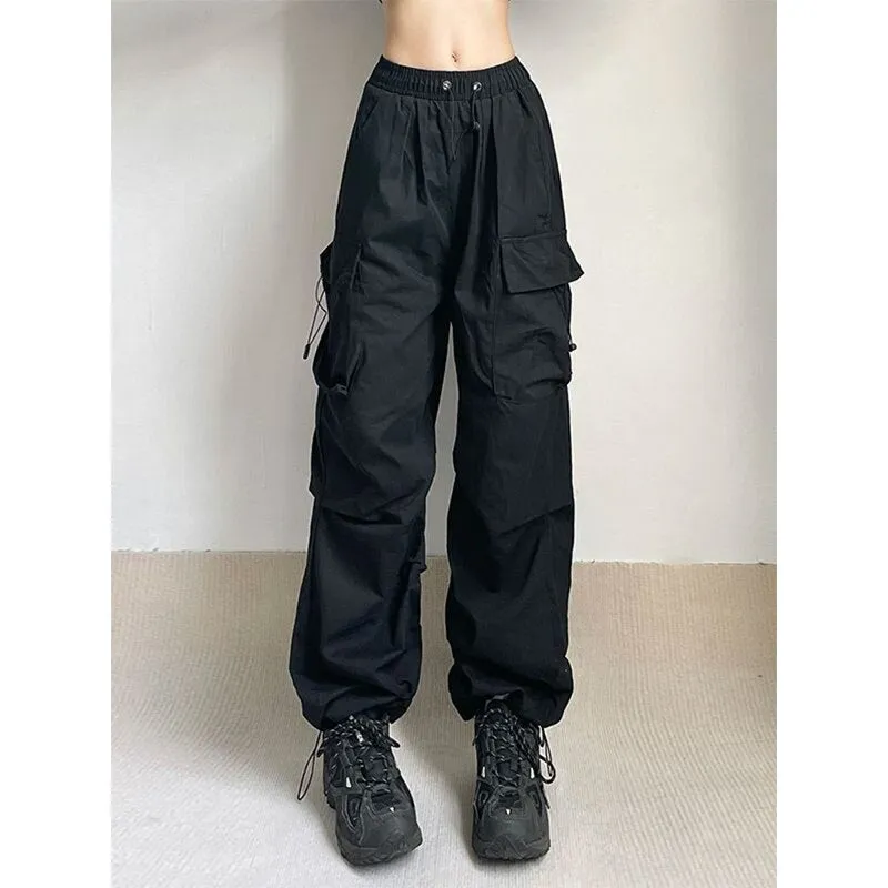 Women Parachute Cargo Pants Hip Hop Streetwear Casual Harajuku Elastic Waist Wide Leg Pants Fashion Solid Straight Trousers
