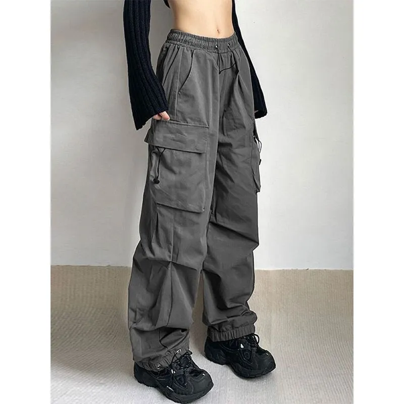 Women Parachute Cargo Pants Hip Hop Streetwear Casual Harajuku Elastic Waist Wide Leg Pants Fashion Solid Straight Trousers