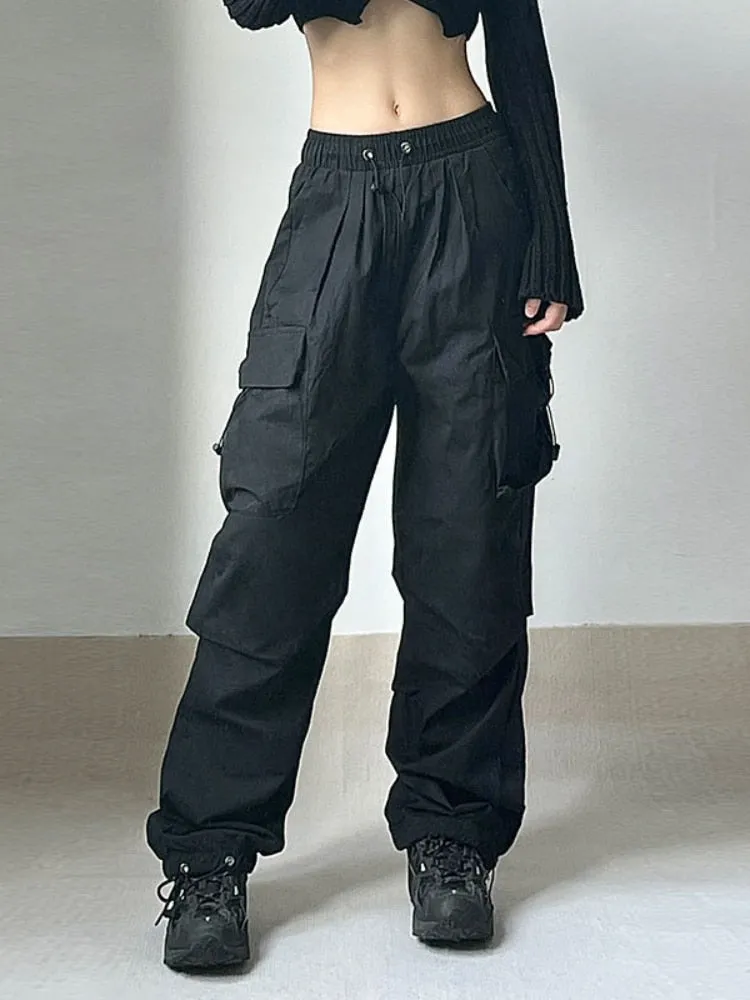 Women Parachute Cargo Pants Hip Hop Streetwear Casual Harajuku Elastic Waist Wide Leg Pants Fashion Solid Straight Trousers