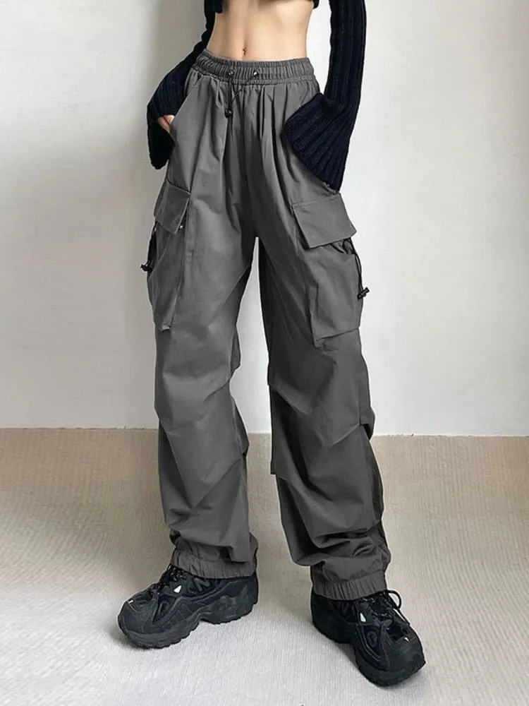 Women Parachute Cargo Pants Hip Hop Streetwear Casual Harajuku Elastic Waist Wide Leg Pants Fashion Solid Straight Trousers