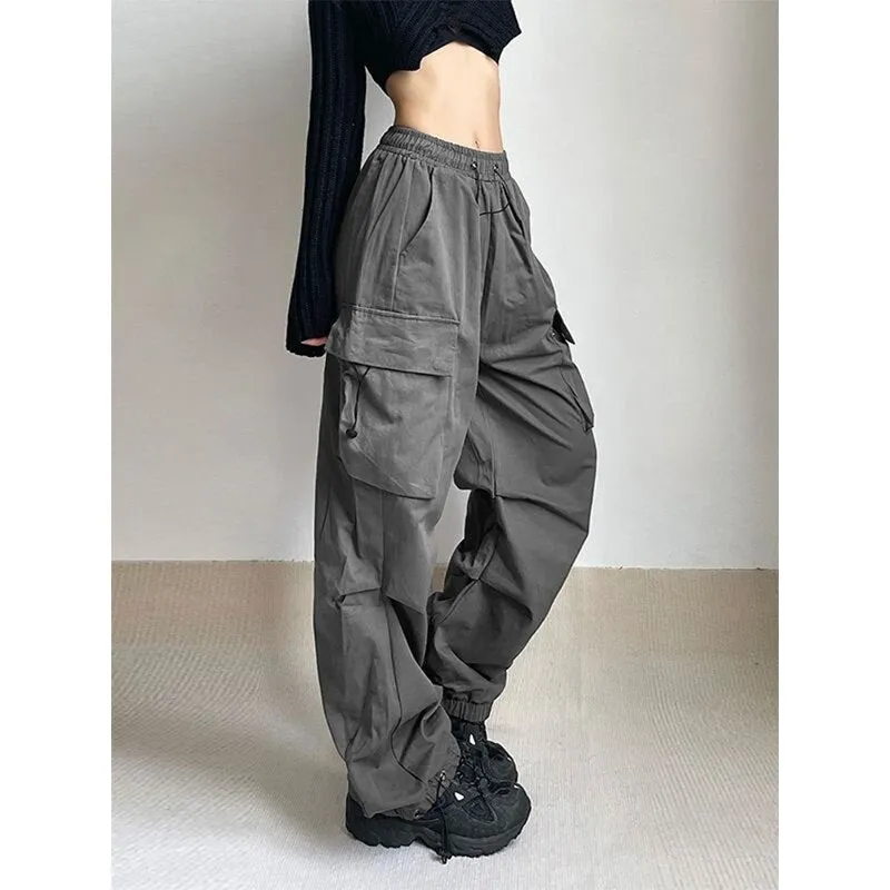 Women Parachute Cargo Pants Hip Hop Streetwear Casual Harajuku Elastic Waist Wide Leg Pants Fashion Solid Straight Trousers