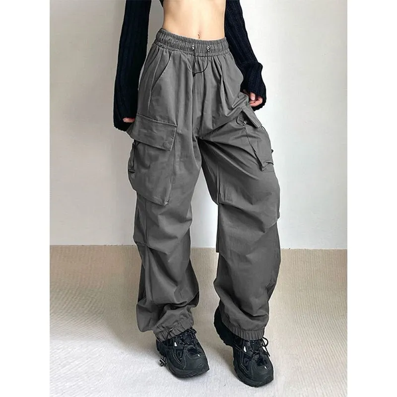 Women Parachute Cargo Pants Hip Hop Streetwear Casual Harajuku Elastic Waist Wide Leg Pants Fashion Solid Straight Trousers