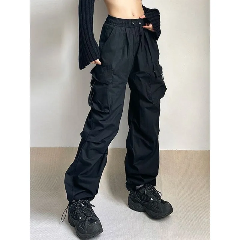 Women Parachute Cargo Pants Hip Hop Streetwear Casual Harajuku Elastic Waist Wide Leg Pants Fashion Solid Straight Trousers