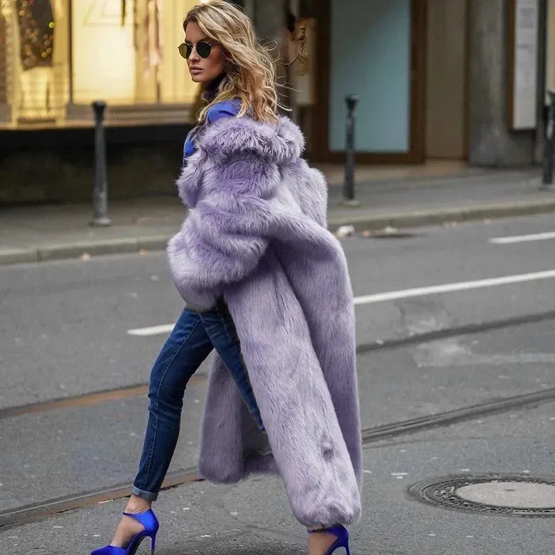 Women  Thick Faux Fur Jacket Colorblock Autumn Winter Maxi Coat Long Warm Luxury Fur  Outerwear