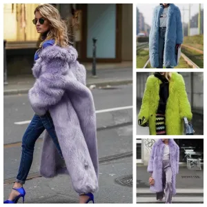 Women  Thick Faux Fur Jacket Colorblock Autumn Winter Maxi Coat Long Warm Luxury Fur  Outerwear