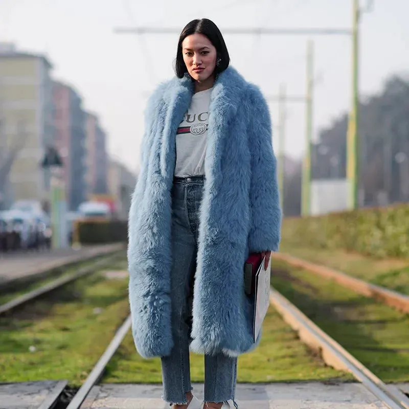 Women  Thick Faux Fur Jacket Colorblock Autumn Winter Maxi Coat Long Warm Luxury Fur  Outerwear