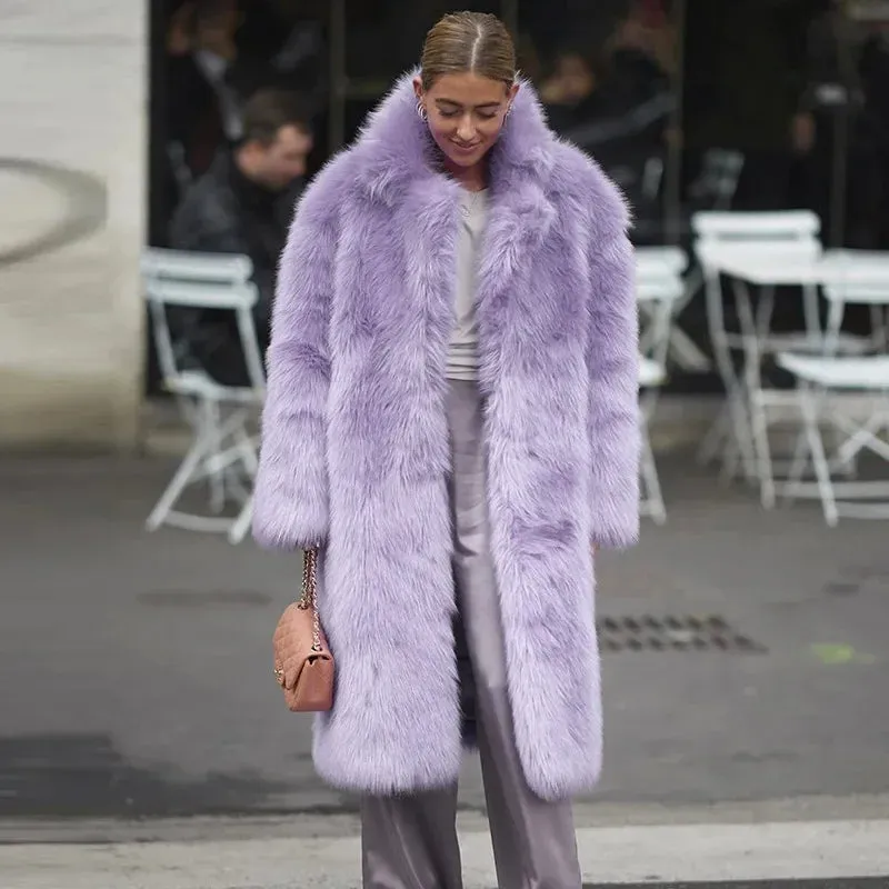 Women  Thick Faux Fur Jacket Colorblock Autumn Winter Maxi Coat Long Warm Luxury Fur  Outerwear