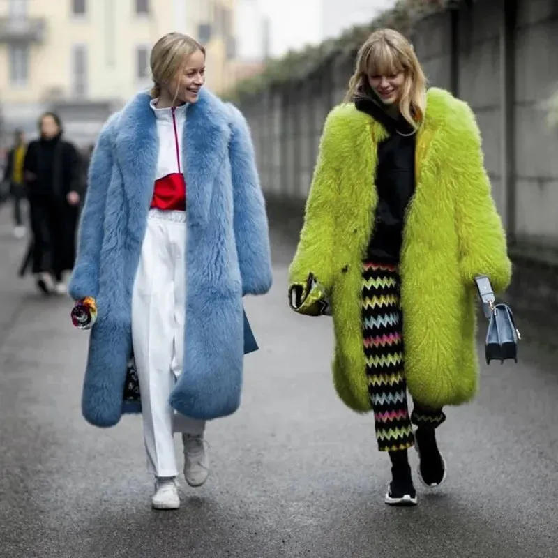 Women  Thick Faux Fur Jacket Colorblock Autumn Winter Maxi Coat Long Warm Luxury Fur  Outerwear