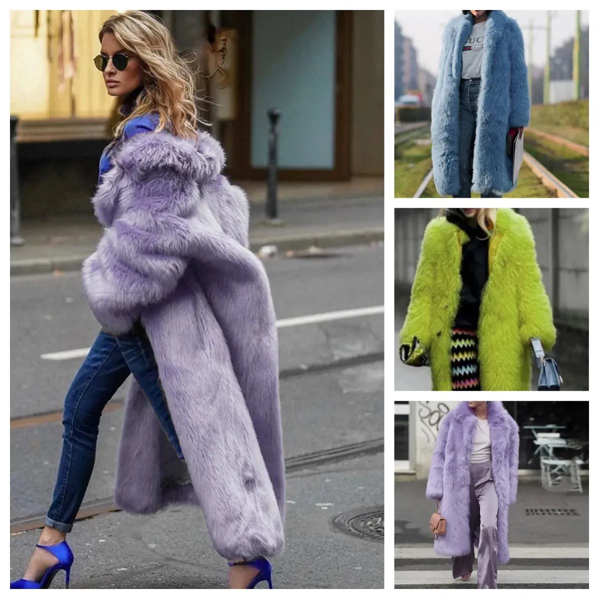 Women  Thick Faux Fur Jacket Colorblock Autumn Winter Maxi Coat Long Warm Luxury Fur  Outerwear