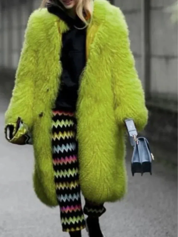 Women  Thick Faux Fur Jacket Colorblock Autumn Winter Maxi Coat Long Warm Luxury Fur  Outerwear