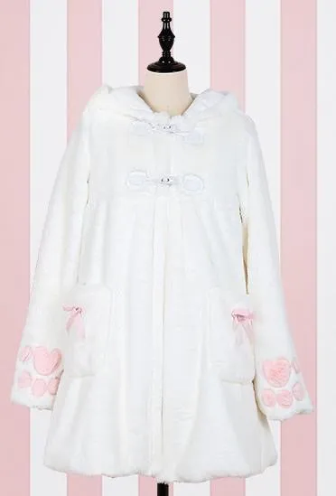 Women Winter Cartoon Fur Coats Japanese Kawaii Sweet Cat Paw Embroidery Faux Fur Soft Sister Long Warm Overcoat with Ears Hooded