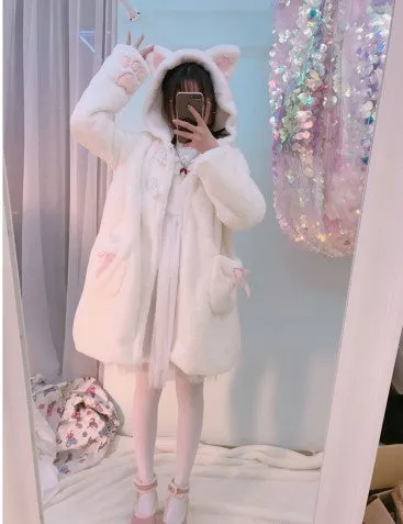 Women Winter Cartoon Fur Coats Japanese Kawaii Sweet Cat Paw Embroidery Faux Fur Soft Sister Long Warm Overcoat with Ears Hooded