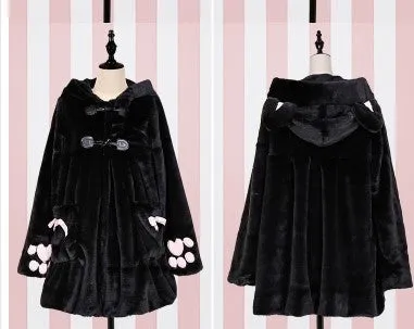 Women Winter Cartoon Fur Coats Japanese Kawaii Sweet Cat Paw Embroidery Faux Fur Soft Sister Long Warm Overcoat with Ears Hooded
