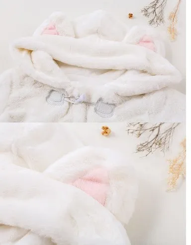 Women Winter Cartoon Fur Coats Japanese Kawaii Sweet Cat Paw Embroidery Faux Fur Soft Sister Long Warm Overcoat with Ears Hooded