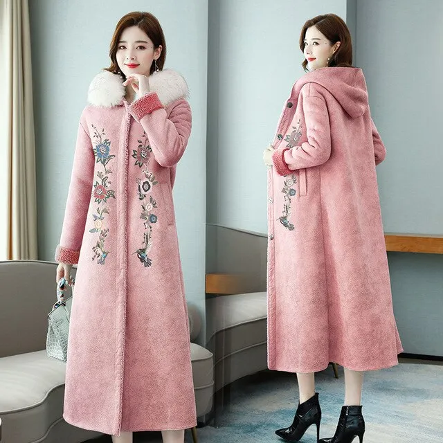 Women Winter Coat Embroidered Rabbit Collar Woollen Long Coat Fur Jacket Deerskin Suede Thicken Warm Hooded Faux Fur Coat Women