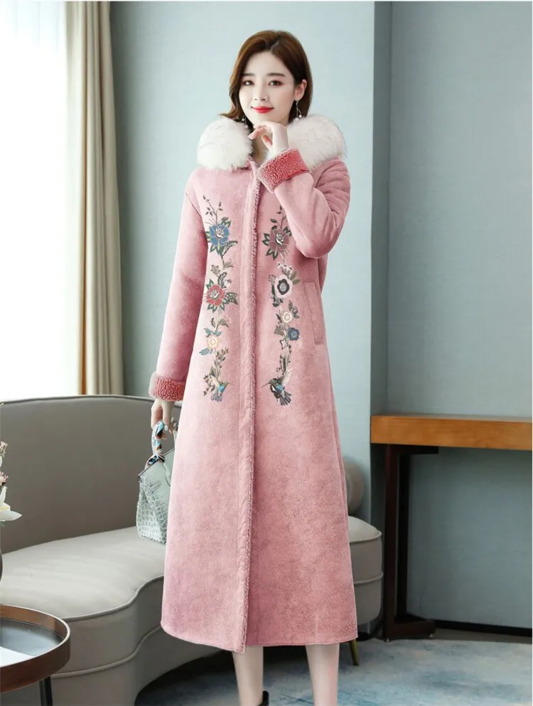 Women Winter Coat Embroidered Rabbit Collar Woollen Long Coat Fur Jacket Deerskin Suede Thicken Warm Hooded Faux Fur Coat Women