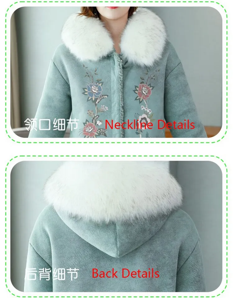 Women Winter Coat Embroidered Rabbit Collar Woollen Long Coat Fur Jacket Deerskin Suede Thicken Warm Hooded Faux Fur Coat Women
