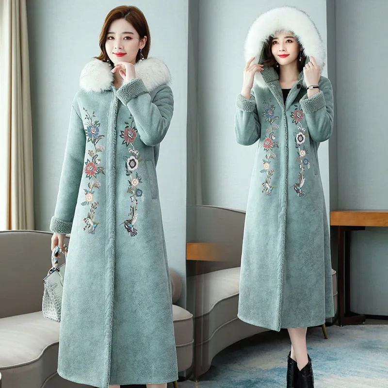 Women Winter Coat Embroidered Rabbit Collar Woollen Long Coat Fur Jacket Deerskin Suede Thicken Warm Hooded Faux Fur Coat Women