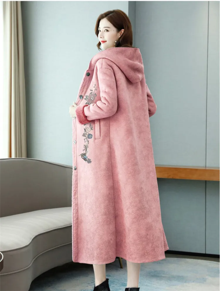 Women Winter Coat Embroidered Rabbit Collar Woollen Long Coat Fur Jacket Deerskin Suede Thicken Warm Hooded Faux Fur Coat Women
