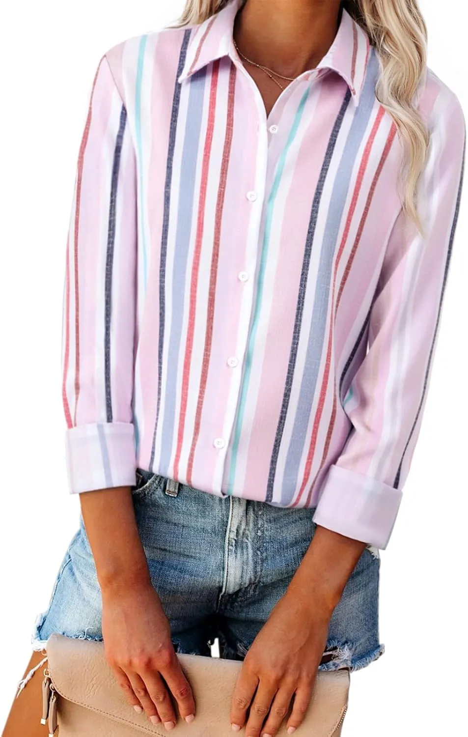 Womens Button Down Shirts Linen Striped Dress Shirts