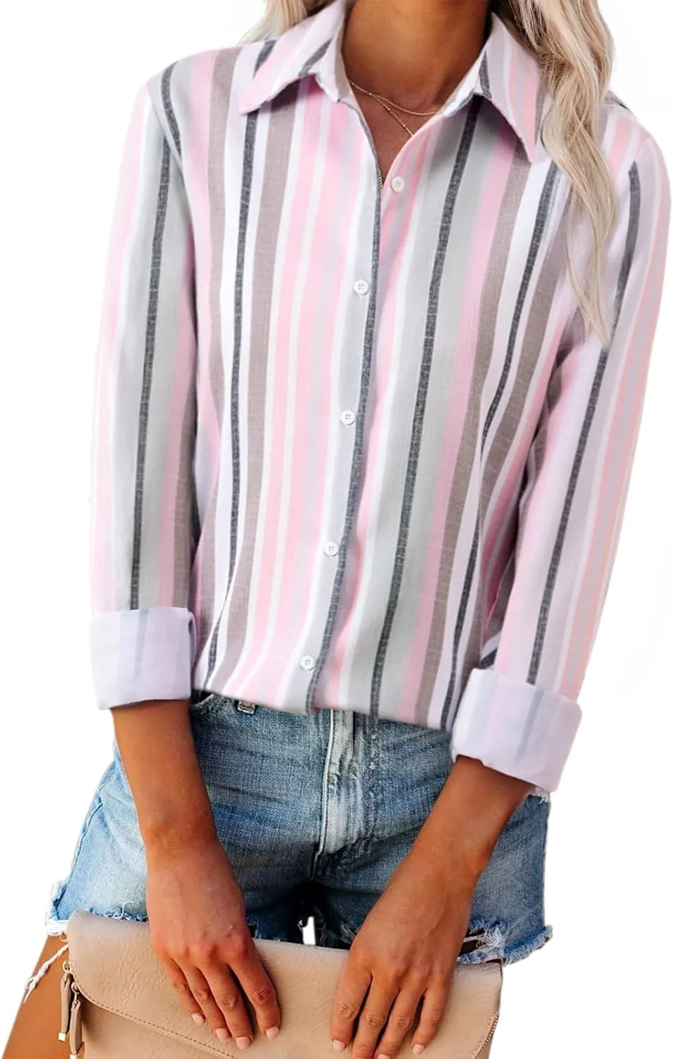 Womens Button Down Shirts Linen Striped Dress Shirts