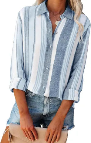 Womens Button Down Shirts Linen Striped Dress Shirts