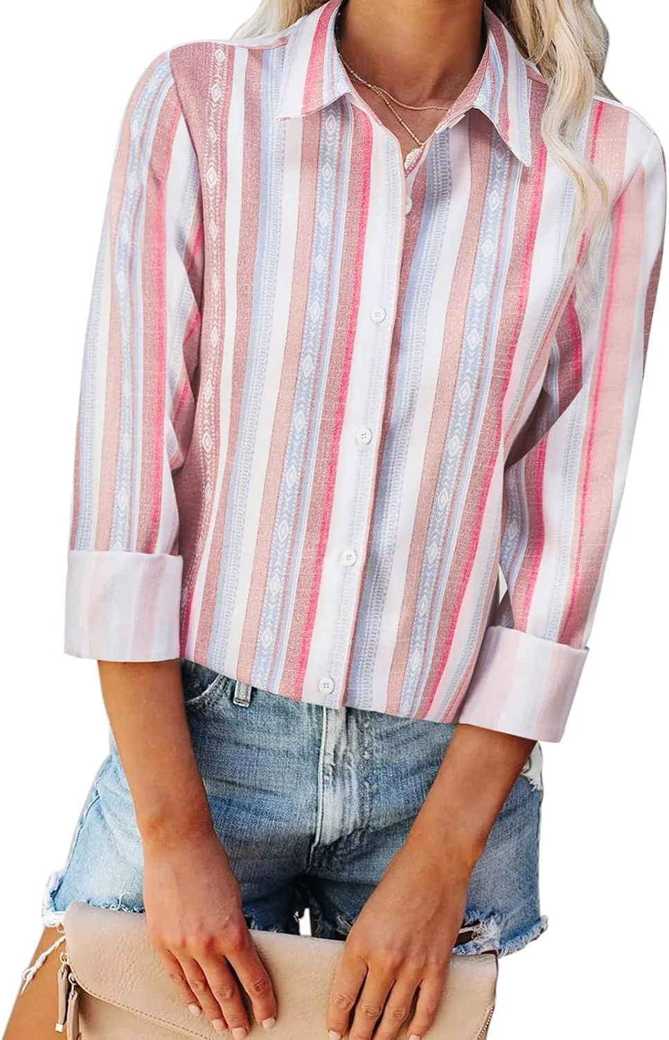 Womens Button Down Shirts Linen Striped Dress Shirts