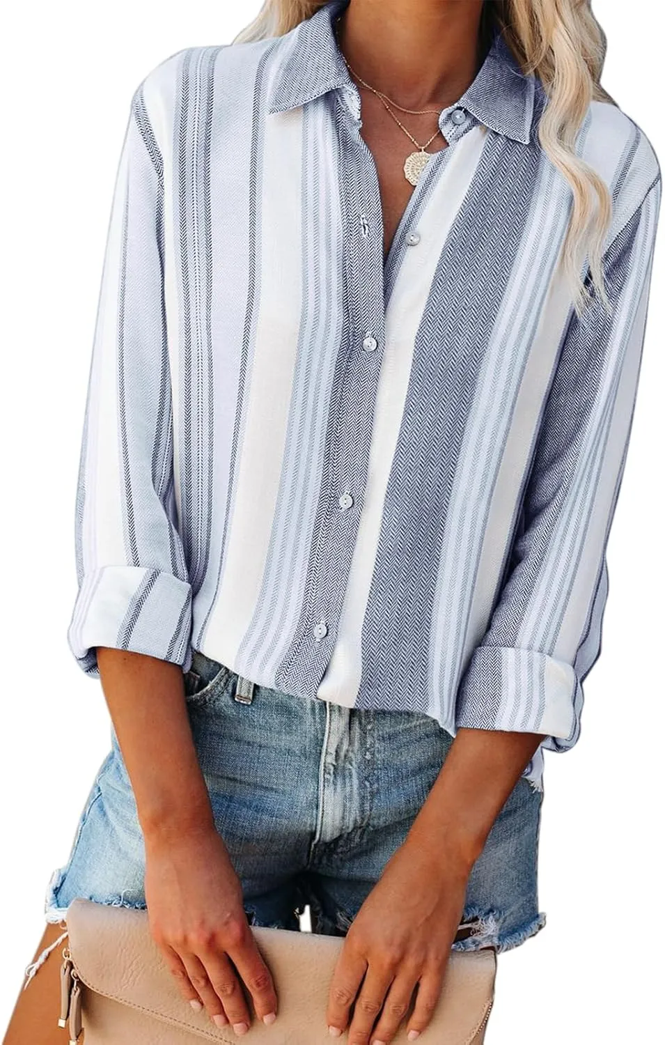 Womens Button Down Shirts Linen Striped Dress Shirts