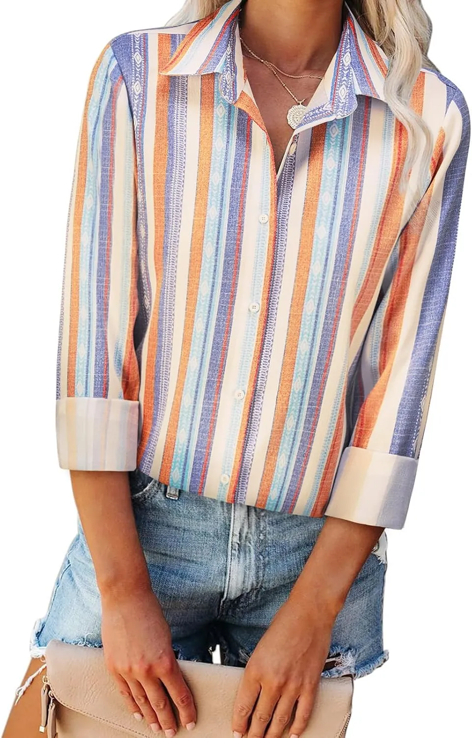 Womens Button Down Shirts Linen Striped Dress Shirts