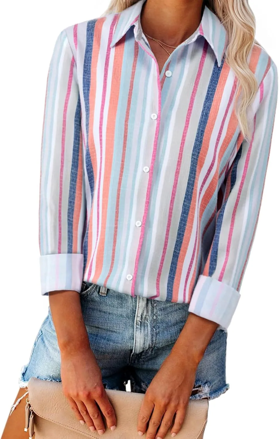 Womens Button Down Shirts Linen Striped Dress Shirts