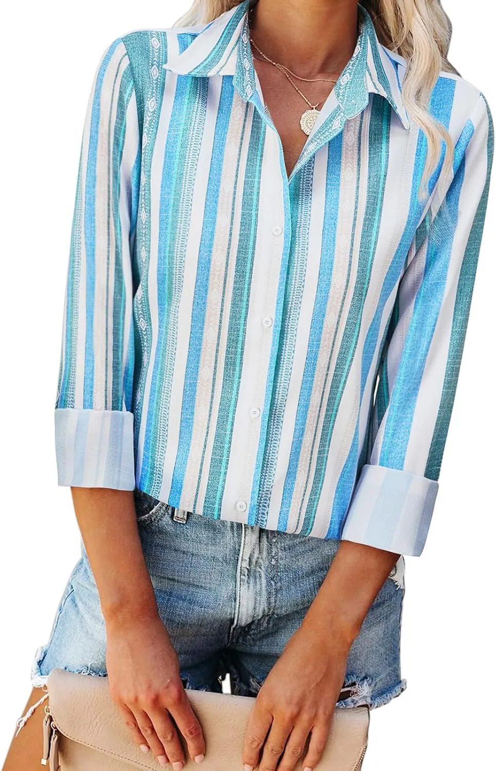 Womens Button Down Shirts Linen Striped Dress Shirts