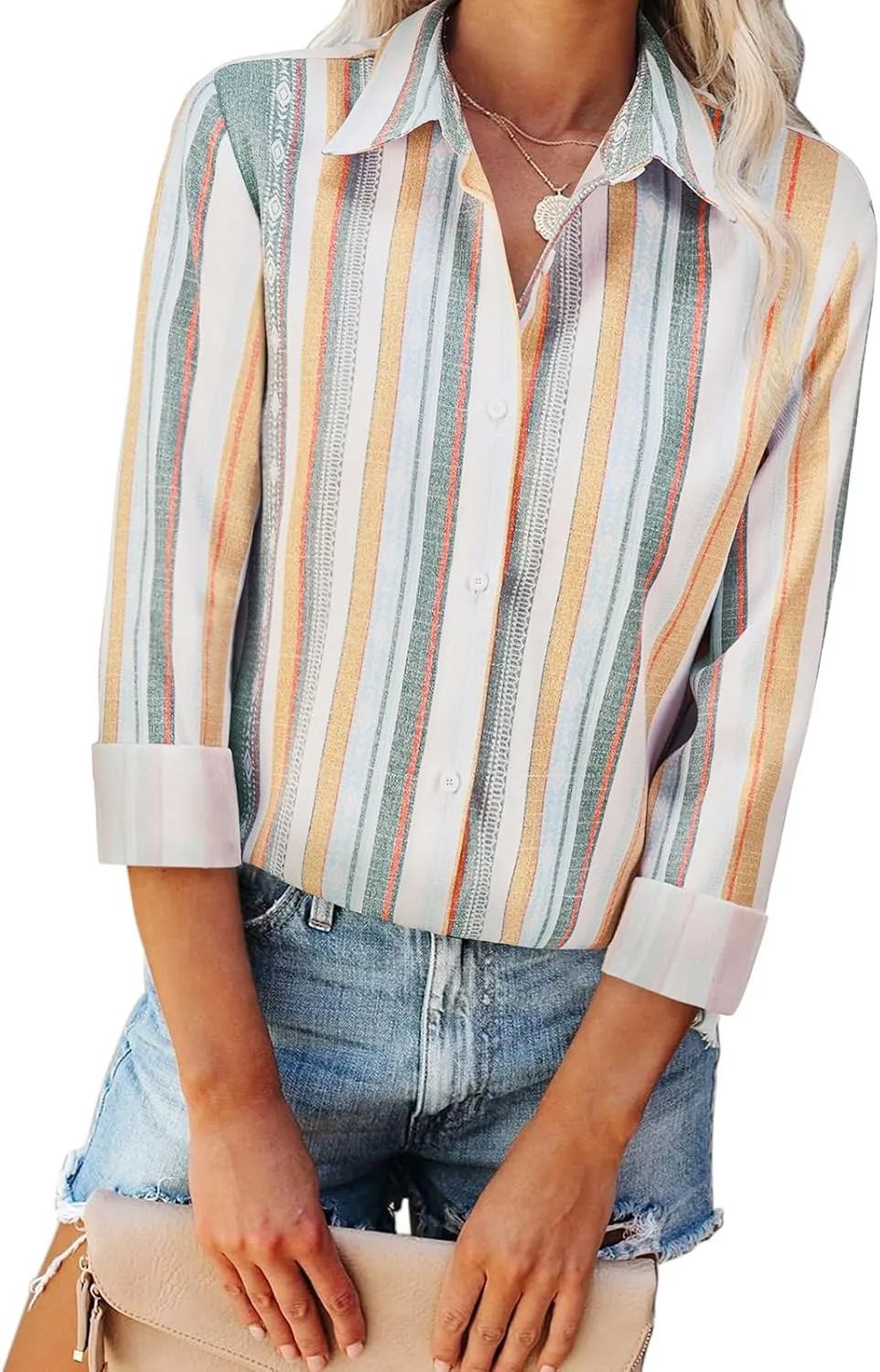 Womens Button Down Shirts Linen Striped Dress Shirts