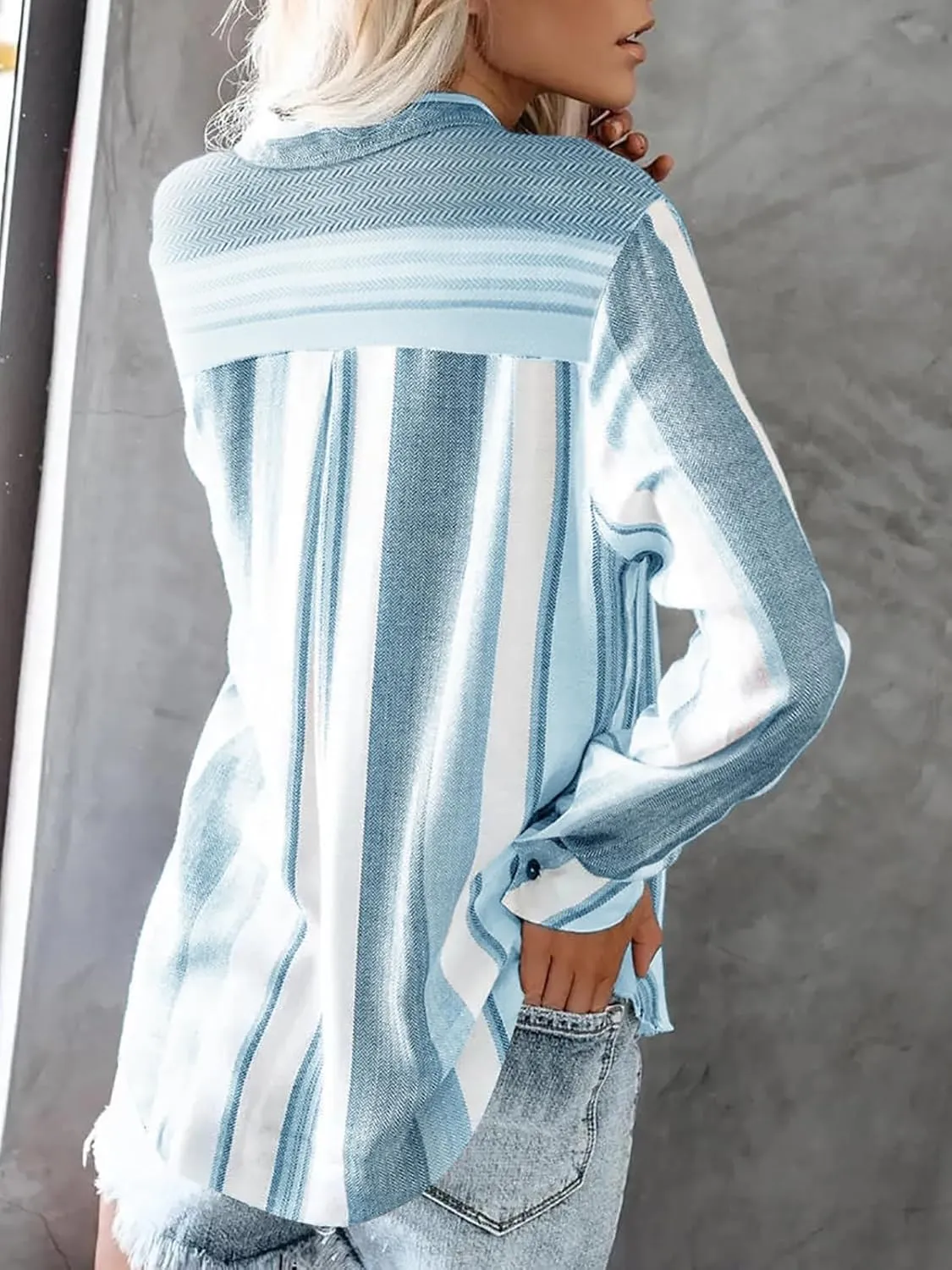 Womens Button Down Shirts Linen Striped Dress Shirts
