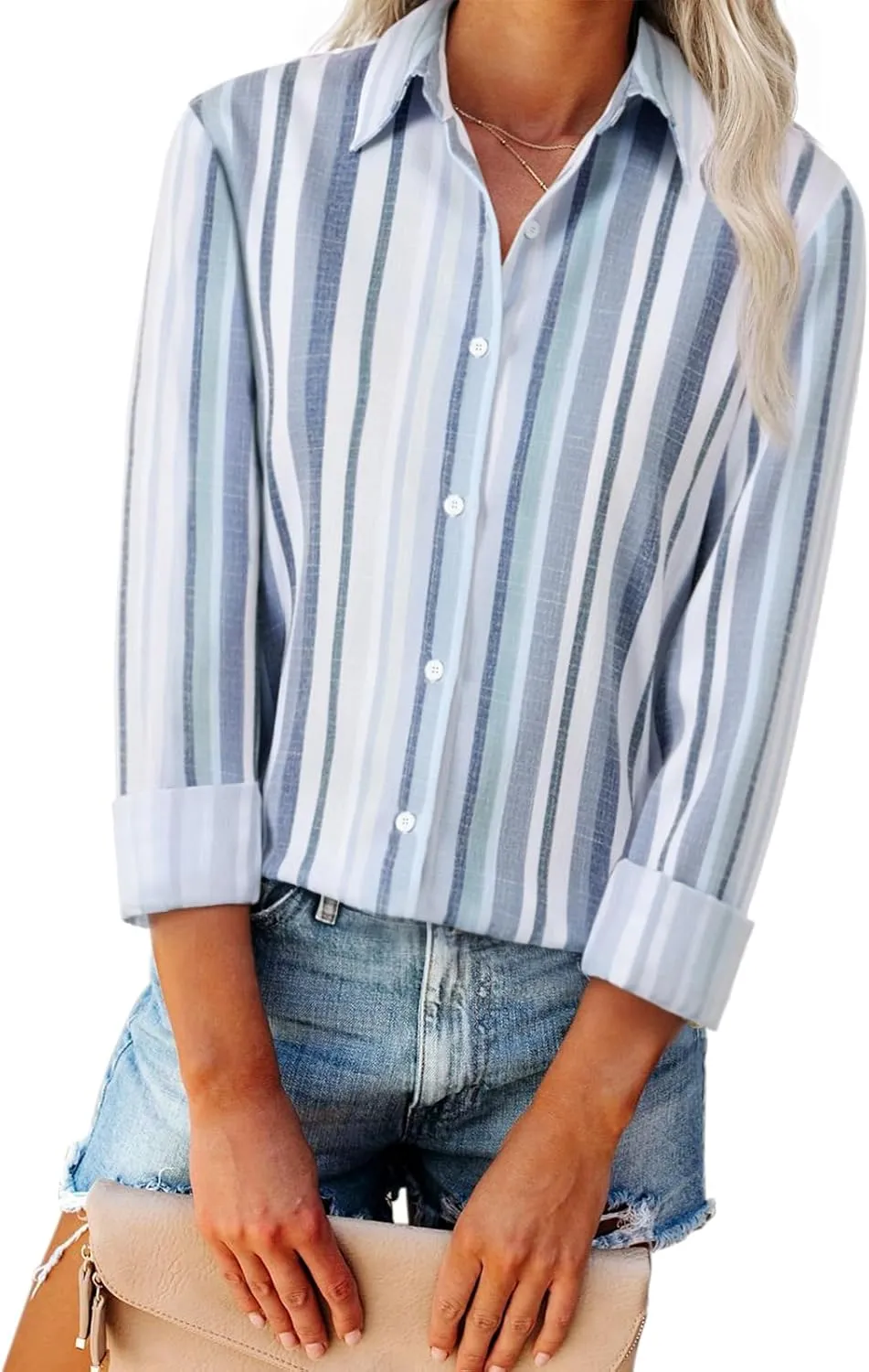 Womens Button Down Shirts Linen Striped Dress Shirts
