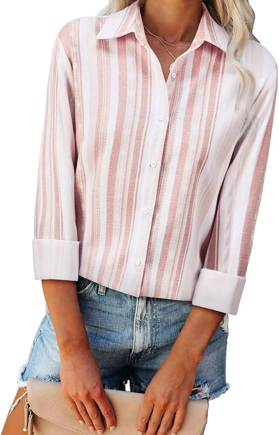 Womens Button Down Shirts Linen Striped Dress Shirts
