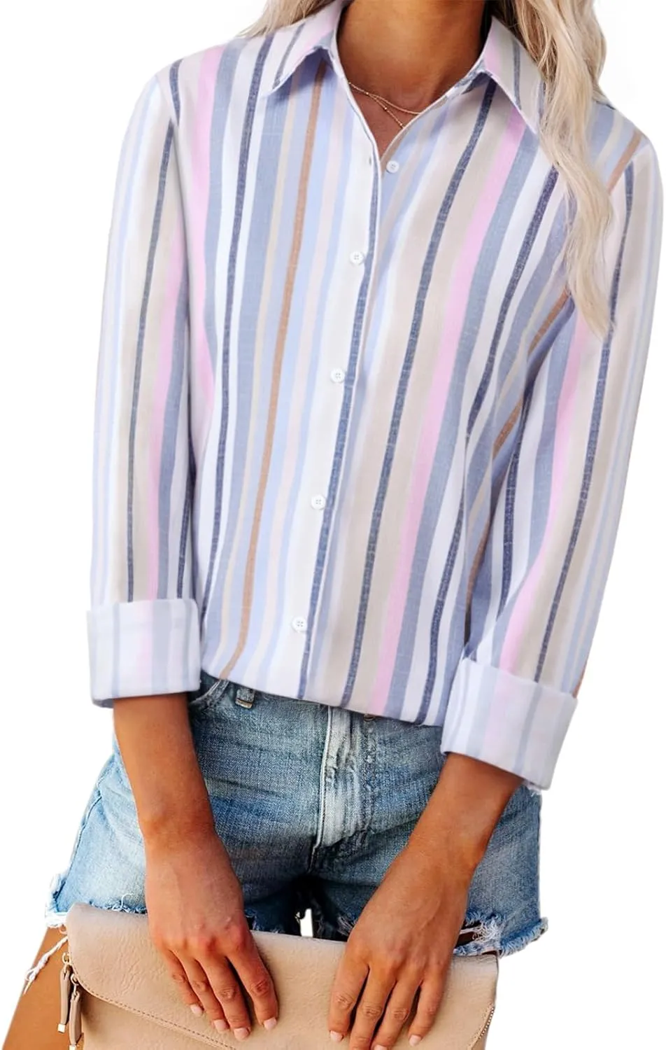 Womens Button Down Shirts Linen Striped Dress Shirts