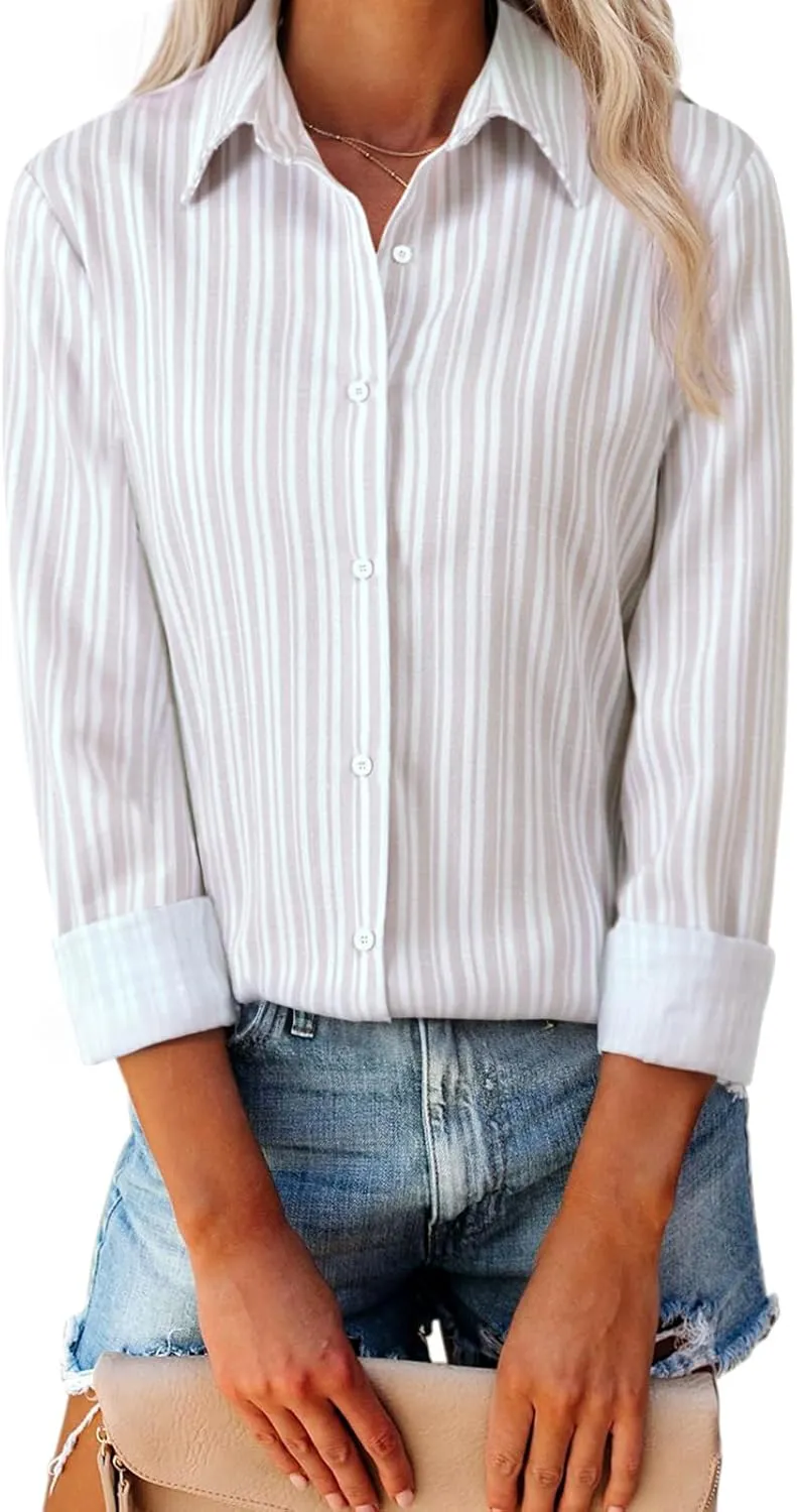 Womens Button Down Shirts Linen Striped Dress Shirts