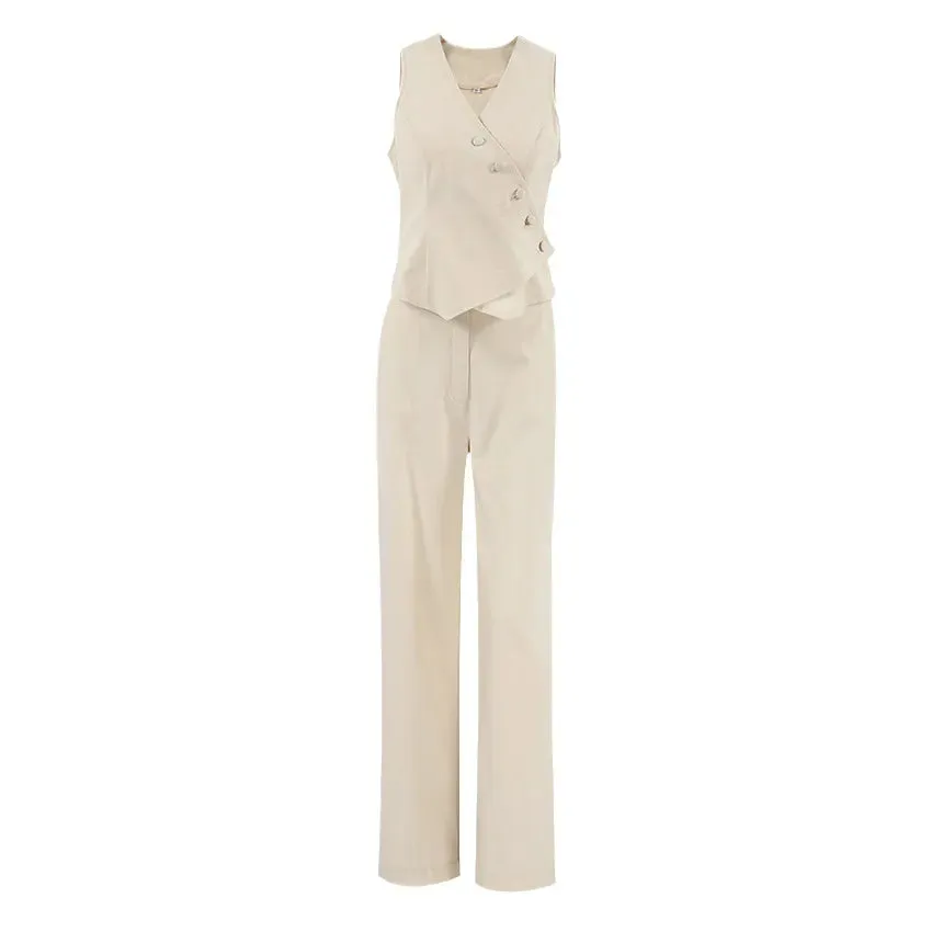 women's casual solid color cotton and linen button pants sets