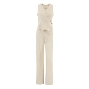women's casual solid color cotton and linen button pants sets