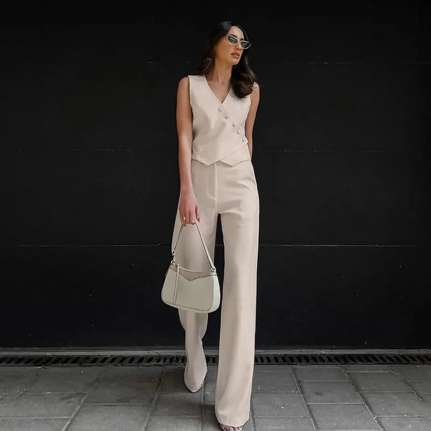 women's casual solid color cotton and linen button pants sets