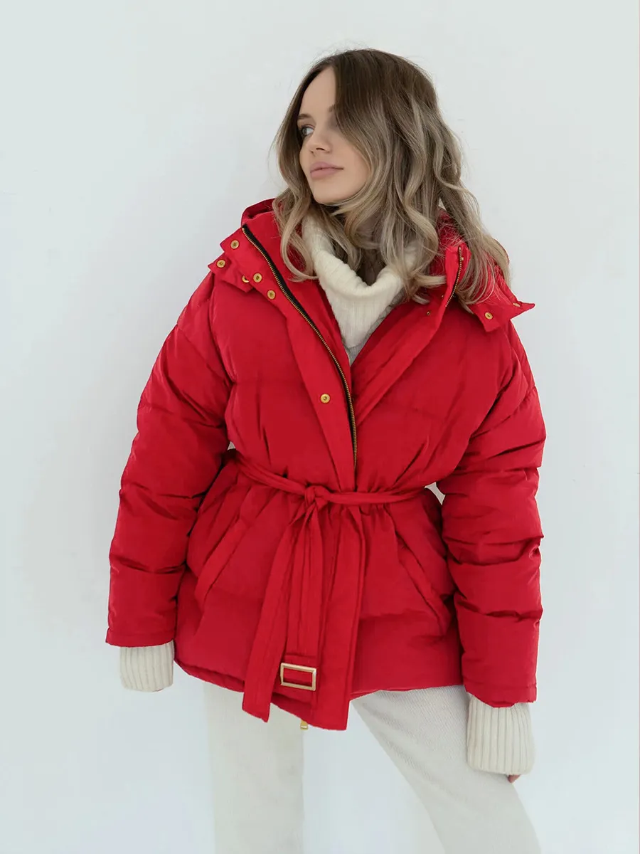 Women’s Fashionable Short Thick Puffer Coat with Belt