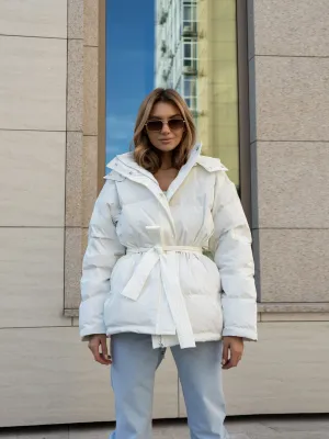 Women’s Fashionable Short Thick Puffer Coat with Belt