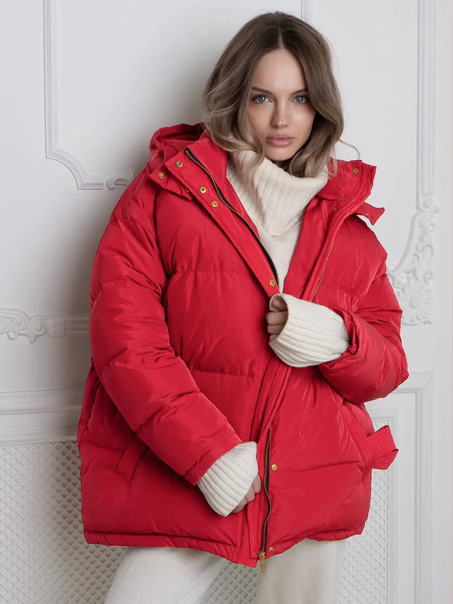 Women’s Fashionable Short Thick Puffer Coat with Belt