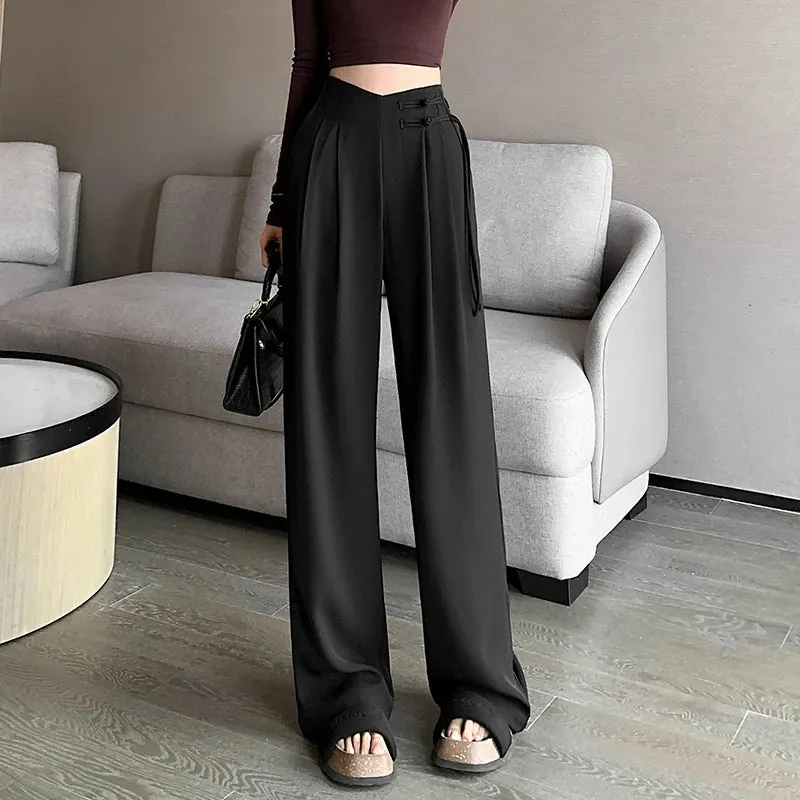 Women's High-Waisted Wide-Leg Trousers – Adjustable Belt Pleated Loose Pants