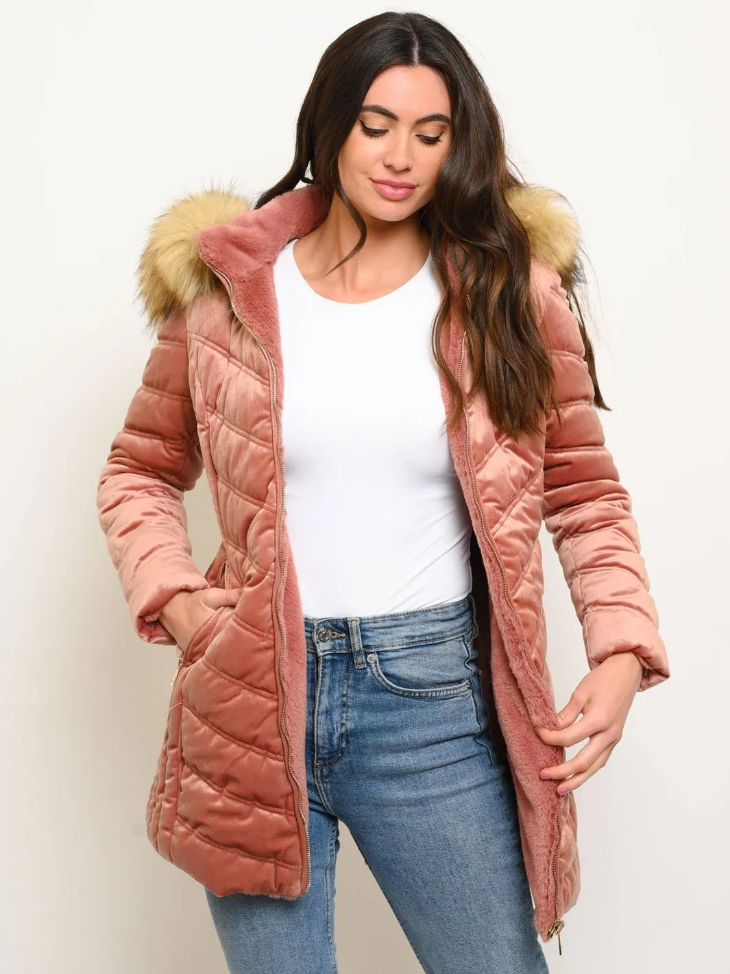 WOMEN'S LONG HOODED FAUX FUR LINED VELVET QUILTED REVERSIBLE COAT