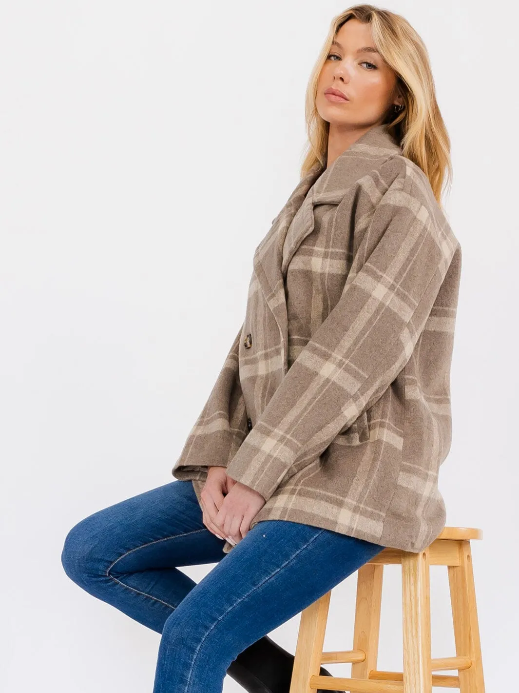 WOMEN'S LONG SLEEVE BUTTON CLOSURE FRONT POCKETS PLAID COAT